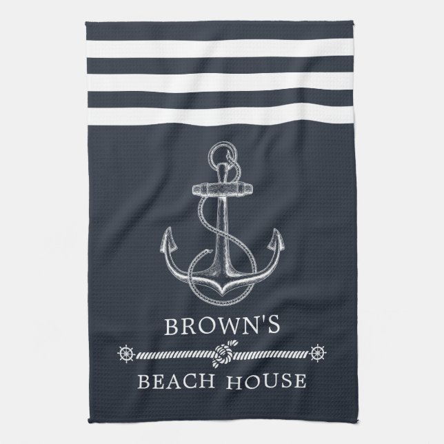 Striped Nautical Anchor Family Name Beach or Lake Tea Towel (Vertical)
