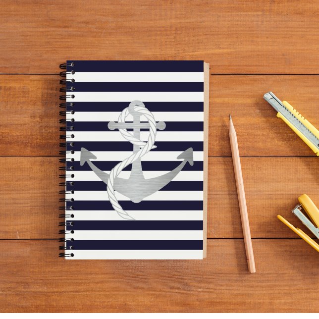Striped Nautical Sailing Notebook (The perfect nautical notebook for a sailor. A silver anchor on a blue and white striped background.)
