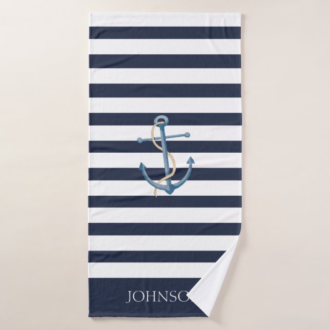 Striped Navy Anchor Nautical Bath Towel (Bath Towel)