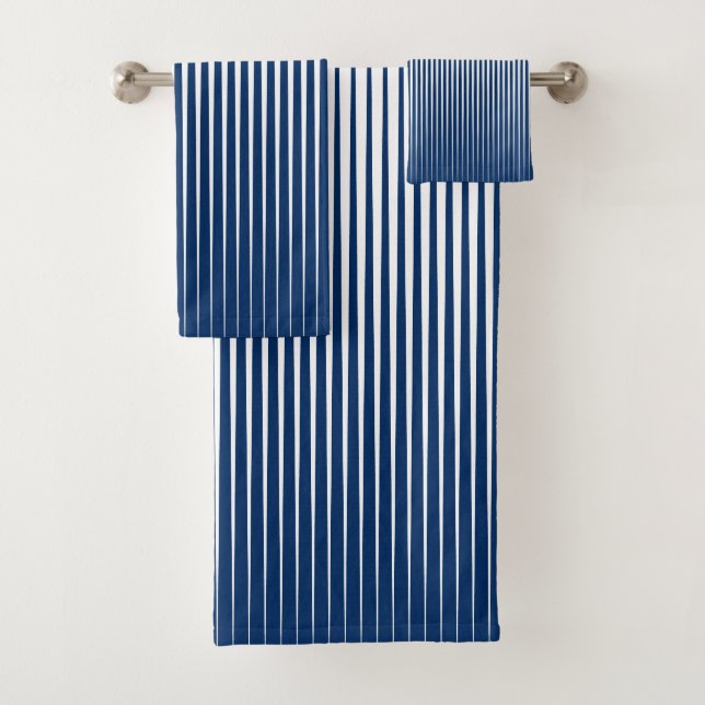 Striped Navy Blue & White Modern Abstract Pattern Bath Towel Set (Insitu)