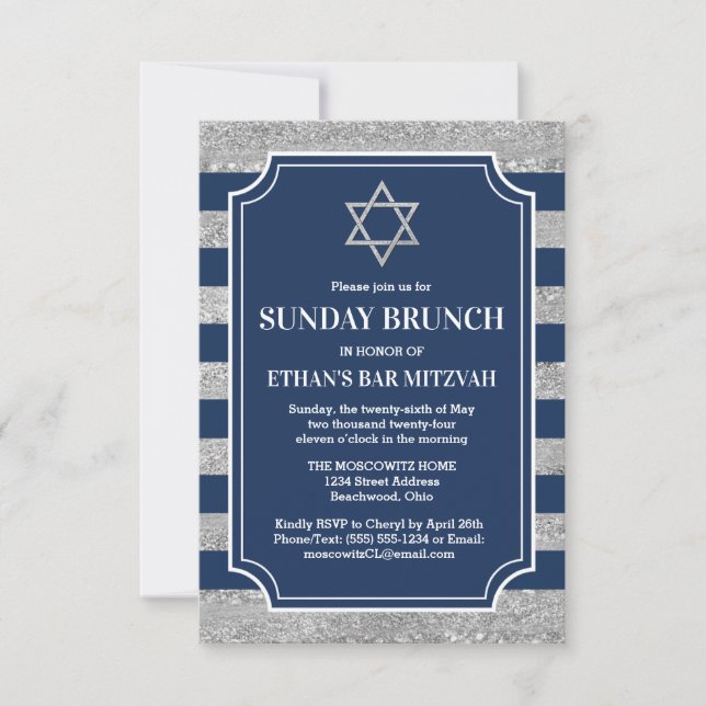 Striped Navy Grey Bar Mitzvah Star of David Brunch Invitation (Front)