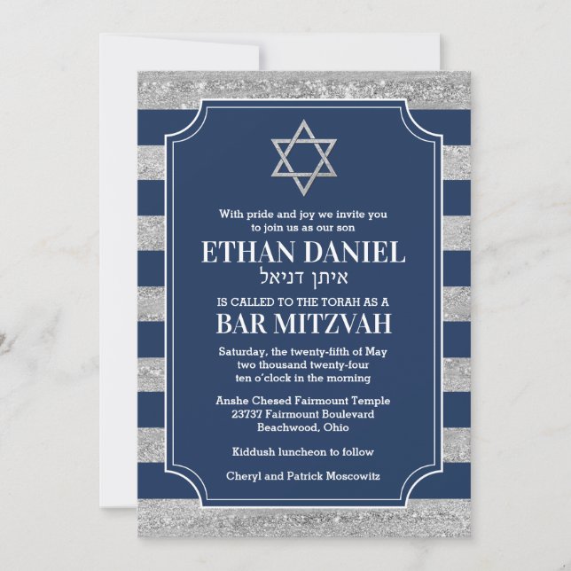 Striped Navy, Grey Bar Mitzvah Star of David Invitation (Front)
