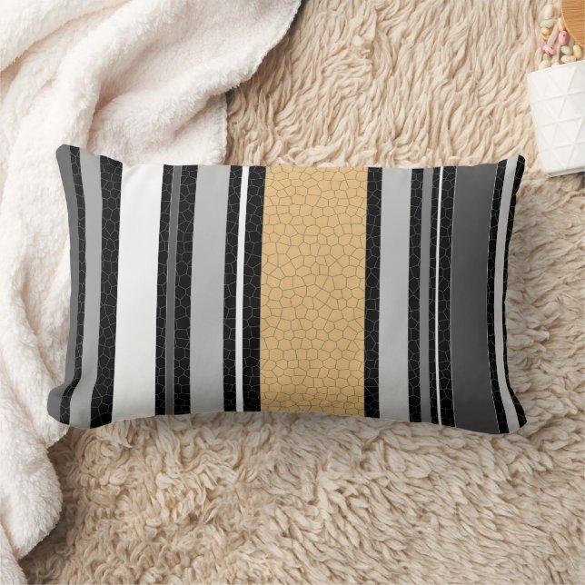 Striped Neutral Black White Grey Pattern Tan Lumbar Cushion (Blanket)