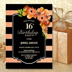 Striped Orange Floral 16th Birthday Party Invitation