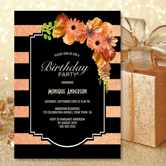 Striped Orange Floral Birthday Party Invitation (Creator Uploaded)