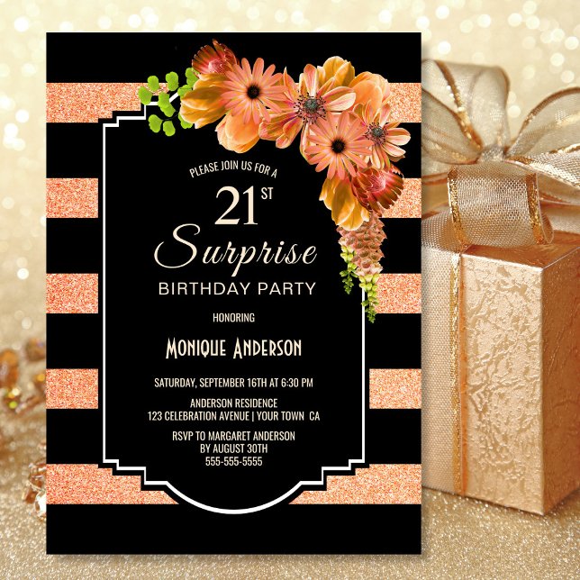 Striped Orange Floral Surprise 21st Birthday Party Invitation (Creator Uploaded)