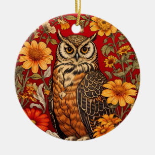 Striped Owl And Zinnia Flowers Ceramic Ornament
