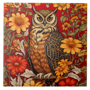Striped Owl And Zinnia Flowers Ceramic Tile