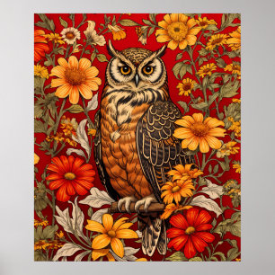 Striped Owl And Zinnia Flowers Poster