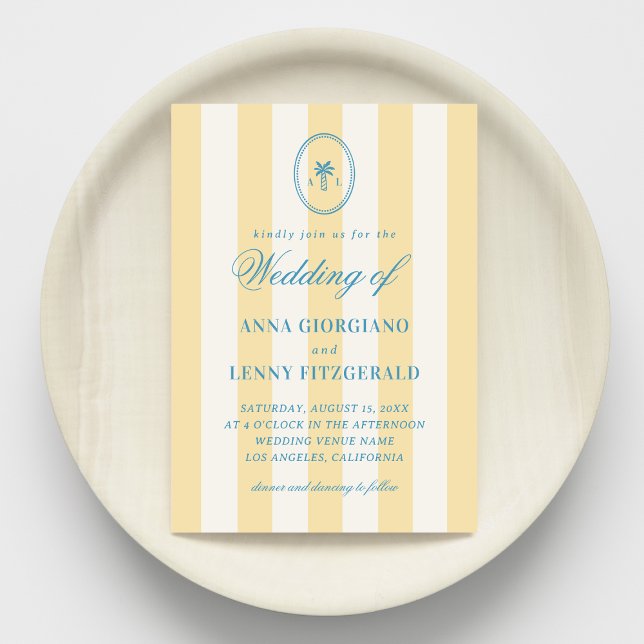 Striped Palm Tree Monogram Classy Beach Wedding Invitation (Creator Uploaded)