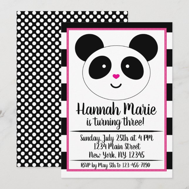 Striped Panda Party Birthday Invitation (Front/Back)