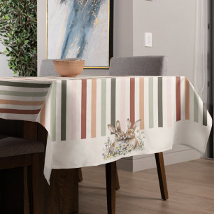 Striped Pastel Bunny Border Spring Tablecloth
