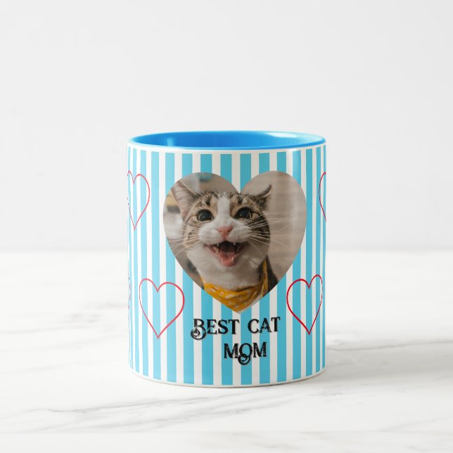 Striped pastel cat mum Two-Tone coffee mug (Center)