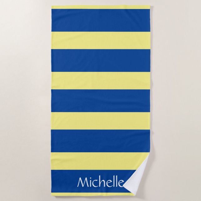 Striped Pattern Blue Yellow Personalised Beach Towel (Front)