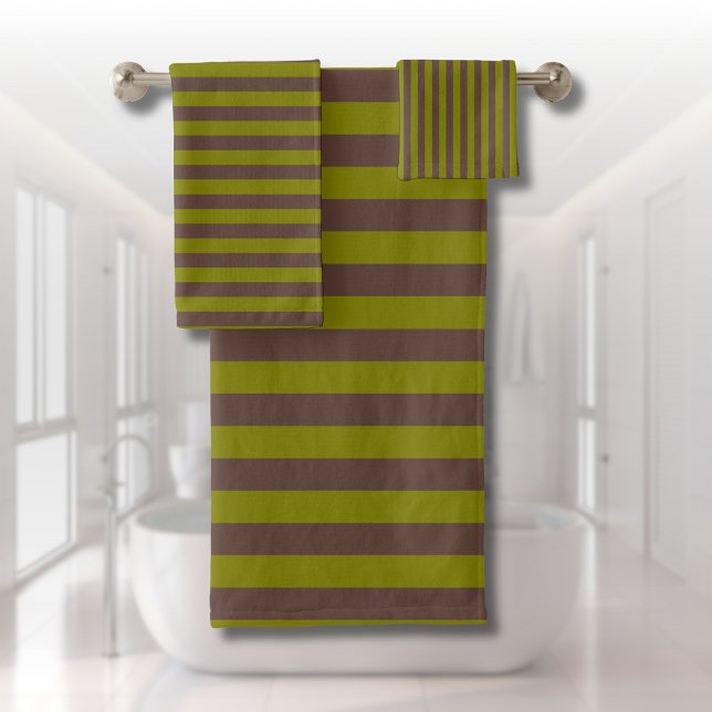 Striped pattern in chocolate brown and olive green bath towel set (Creator Uploaded)