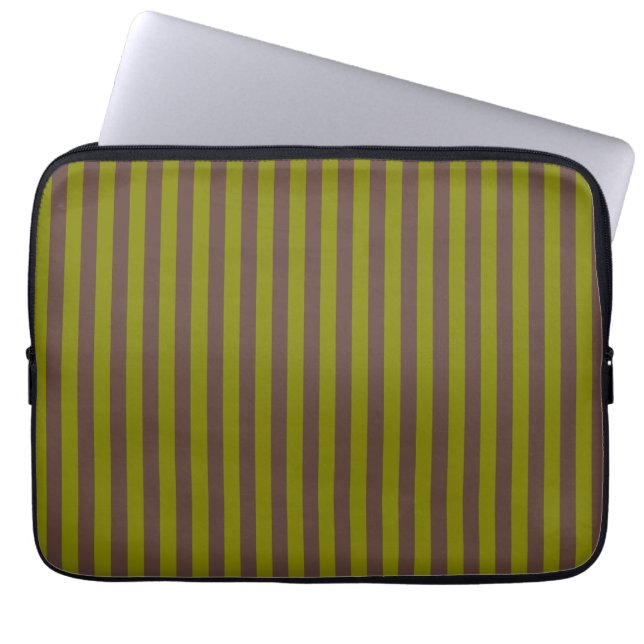 Striped pattern in chocolate brown and olive green laptop sleeve (Front)