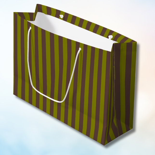 Striped pattern in chocolate brown and olive green large gift bag (Creator Uploaded)