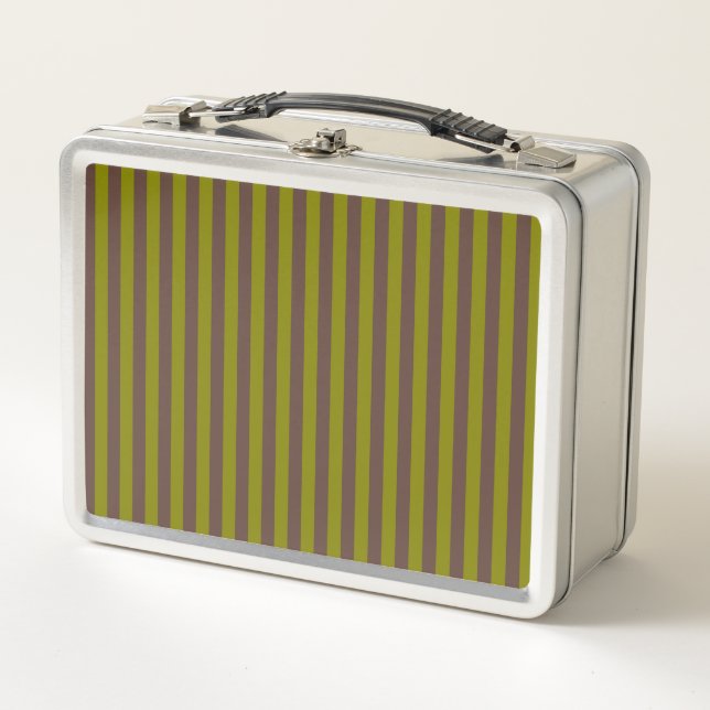 Striped pattern in chocolate brown and olive green metal lunch box (Front)