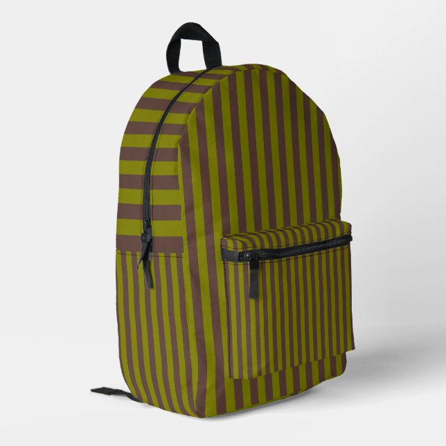Striped pattern in chocolate brown and olive green printed backpack (Back Corner Left)
