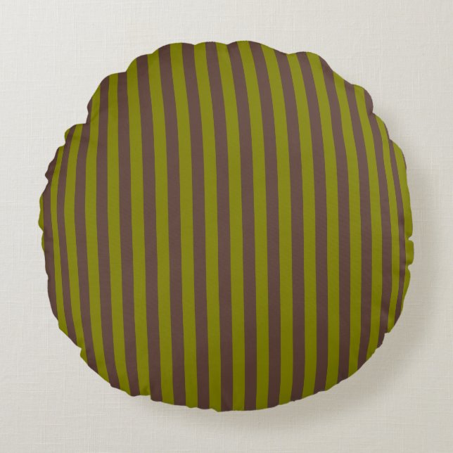 Striped pattern in chocolate brown and olive green round cushion (Front)