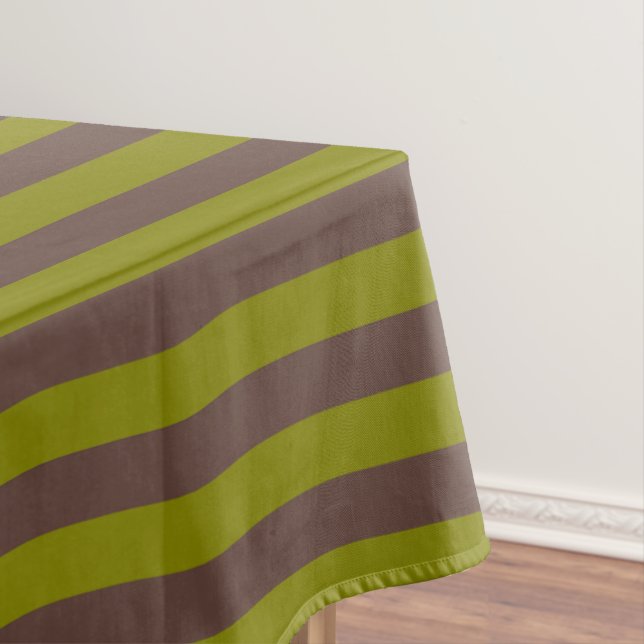 Striped pattern in chocolate brown and olive green tablecloth (In Situ)