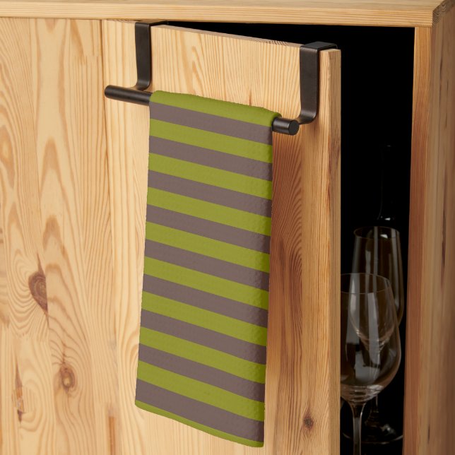 Striped pattern in chocolate brown and olive green tea towel (Thirds Fold)