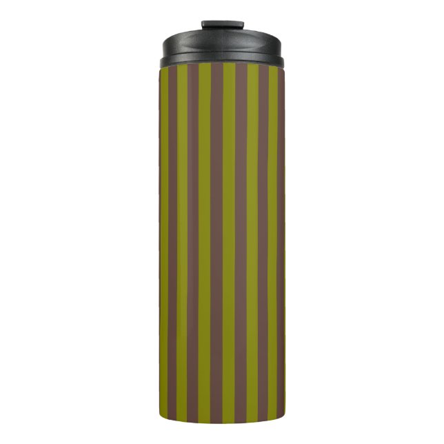 Striped pattern in chocolate brown and olive green thermal tumbler (Front)
