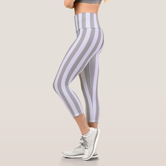 Striped pattern in grey and lavender capri leggings (Left)