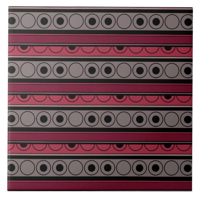 Striped pattern with circles and rings retro style ceramic tile (Front)