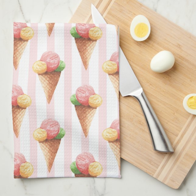 Striped pattern with Ice cream Tea Towel (Quarter Fold)