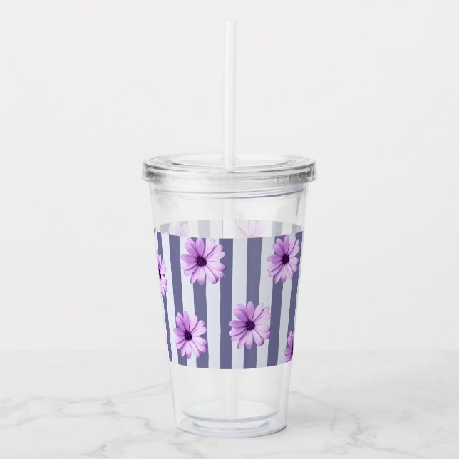 striped pattern with purple daisies acrylic tumbler (Front)