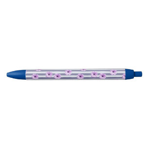 striped pattern with purple daisies black ink pen