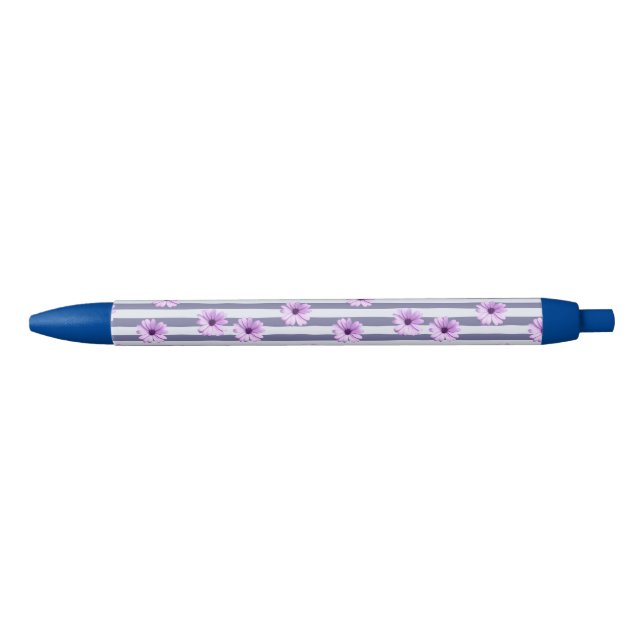striped pattern with purple daisies black ink pen (Front)