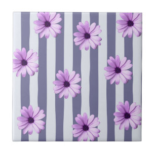striped pattern with purple daisies ceramic tile