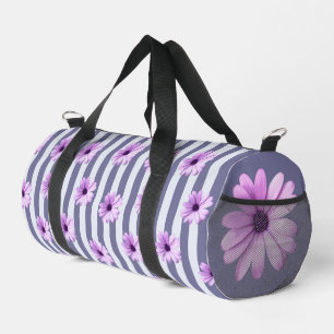 striped pattern with purple daisies duffle bag
