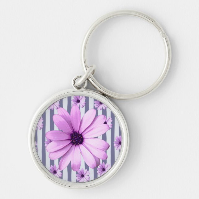striped pattern with purple daisies key ring (Front)