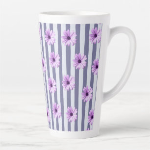 Striped Pattern with Purple Daisies Latte Mug