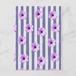 striped pattern with purple daisies postcard