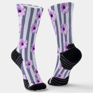 striped pattern with purple daisies socks