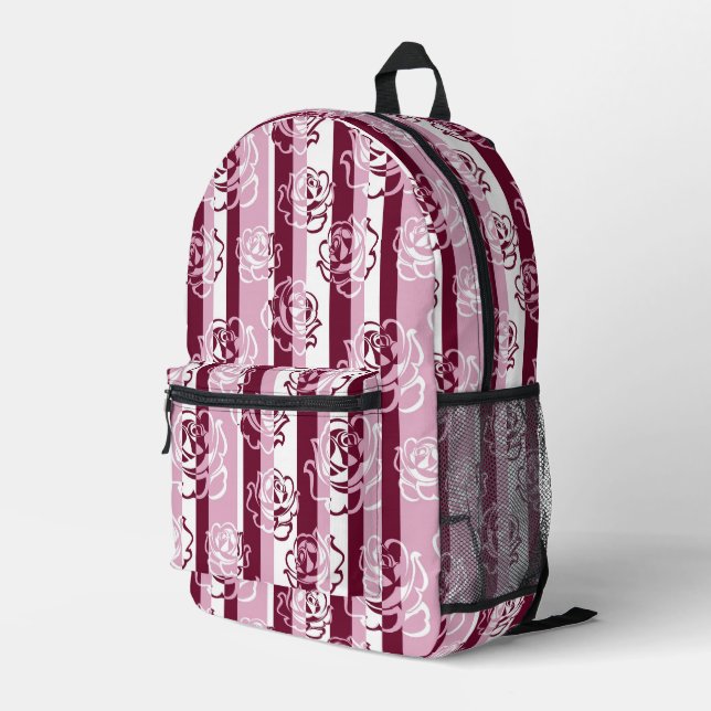Striped pattern with roses printed backpack (Back Corner Right)