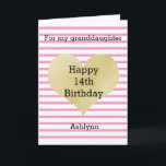 Striped Pink and Gold 14th Birthday Granddaughter Card<br><div class="desc">A pretty pink striped 14th birthday granddaughter card. You can easily personalize the age and name on the front of the card. The inside daughter birthday message can also be personalized if wanted. The back of this pretty birthday card also features the gold heart and pink stripes with a happy...</div>