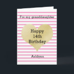 Striped Pink and Gold 14th Birthday Granddaughter Card<br><div class="desc">A pretty pink striped 14th birthday granddaughter card. You can easily personalize the age and name on the front of the card. The inside daughter birthday message can also be personalized if wanted. The back of this pretty birthday card also features the gold heart and pink stripes with a happy...</div>