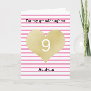 Striped Pink and Gold Heart 9th Birthday Card