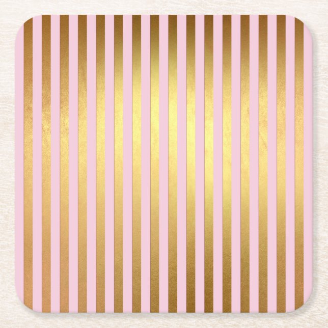 Striped- pink and golden stripes square paper coaster (Front)