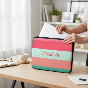Striped Pink and Green Colour Block Laptop Sleeve