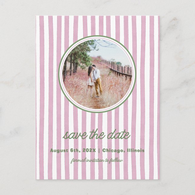 Striped pink and greensave the date photo postcard (Front)
