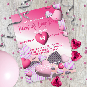 Striped Pink And White Heart Balloons Valentine's Invitation