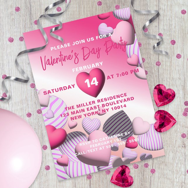 Striped Pink And White Heart Balloons Valentine's Invitation (Creator Uploaded)