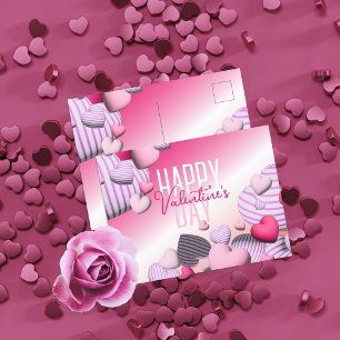 Striped Pink And White Heart Balloons Valentine's Postcard