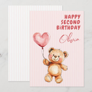 Striped Pink Balloon Teddy Bear Happy 2nd Birthday Card